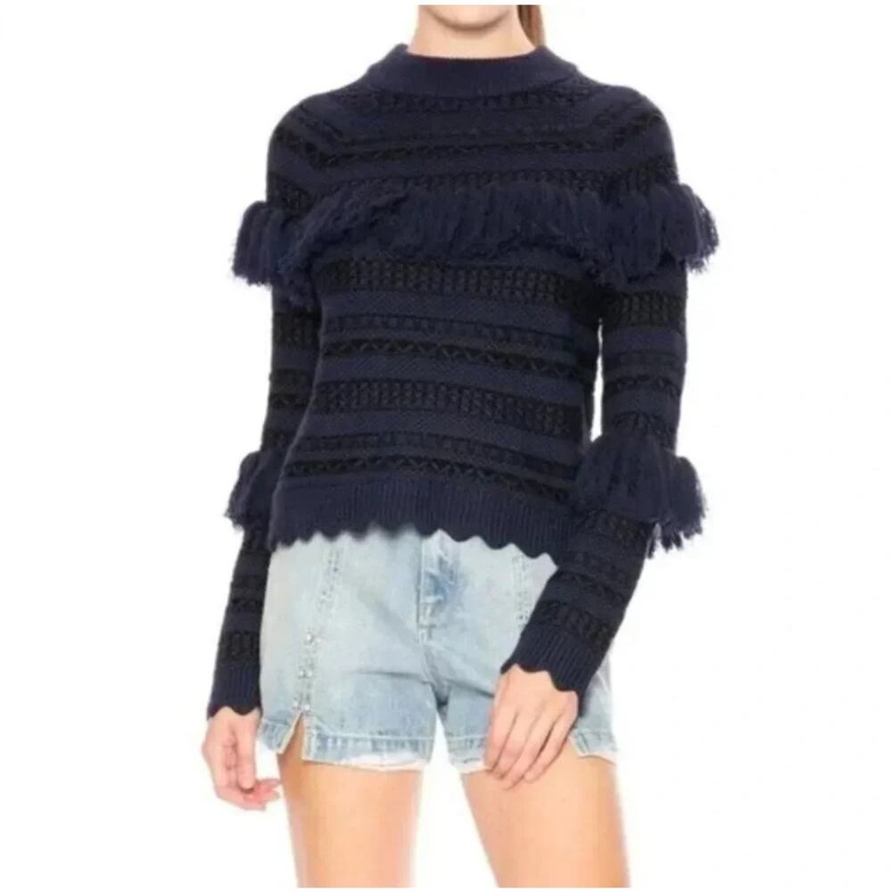 JONATHAN SIMKHAI Women’s Black and Blue Boho Fringed Wool Sweater